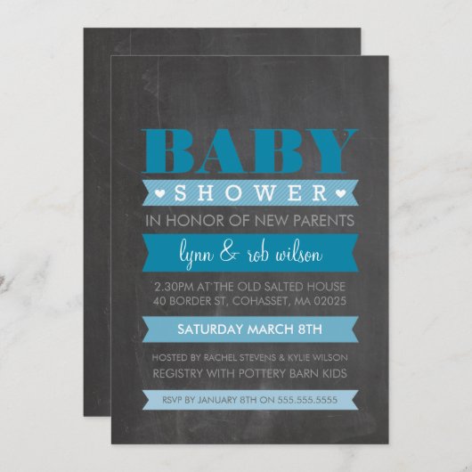 BABY SHOWER INVITE Moderne Kalkboard blau Einladung (Vorne/Hinten)