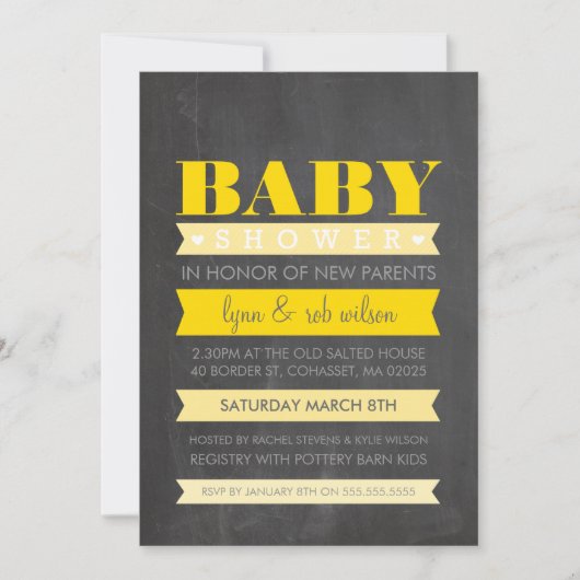 BABY SHOWER INVITE Moderne Kalkboard gelb grau Einladung (Vorderseite)