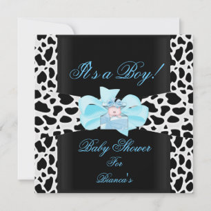 Baby Shower Junge Baby Blau Schwarz Weiß Kuh Druck Einladung