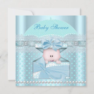 Baby Shower Junge Baby Blau Teal Regenschirm Punkt Einladung