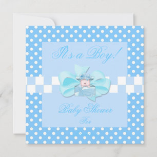 Baby Shower Junge Baby Blau Weiß Punkte Kariert Einladung