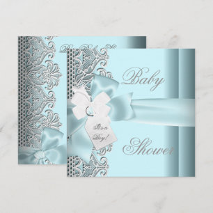 Baby Shower Junge Blau Türkis Grau Weiß Spitze Einladung