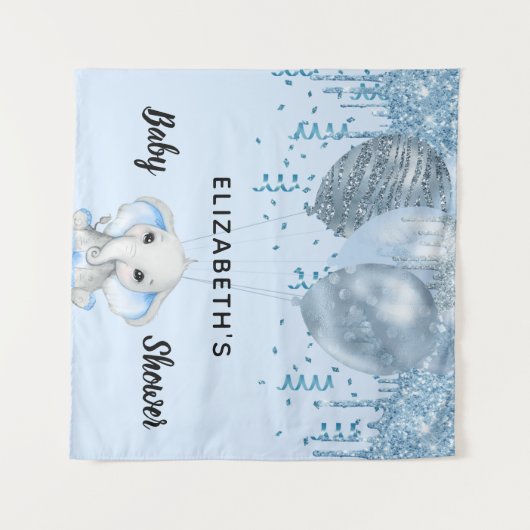 Baby Shower Junge hellblauer Glitzer Elefant Silbe Wandteppich (Vorderseite (Horizontal))