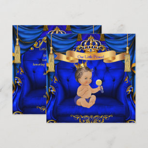 Baby Shower Junge Prinz Royal Blau Gold Brünette Einladung
