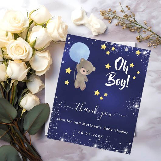 Baby Shower Junge Teddy Bär blau Dankeschön Karte