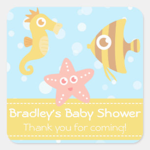 Baby Shower: Kawaii Cartoon-Meereslebewesen Quadratischer Aufkleber
