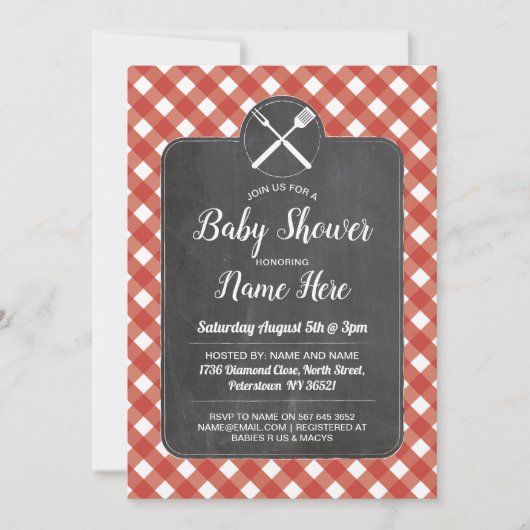 Baby Shower lädt Red Gingham Chalk GRILLEN Style e Einladung (Vorderseite)