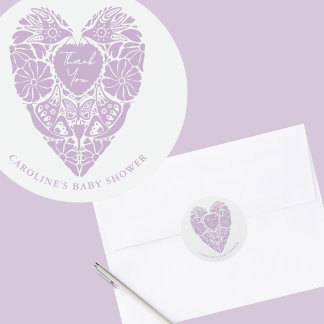 Baby shower lilac folk flower heart  runder aufkleber