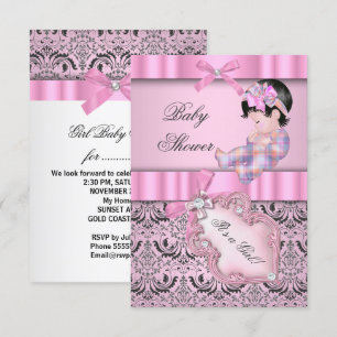 Baby-Shower Mädchen Damast Rosa Grau Einladung