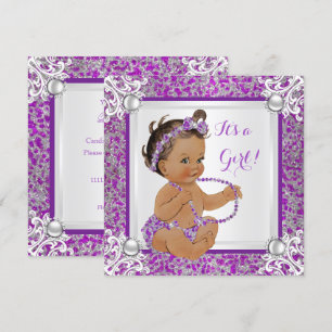 Baby Shower Mädchen Glitter Lila Silber Spitze Brü Einladung