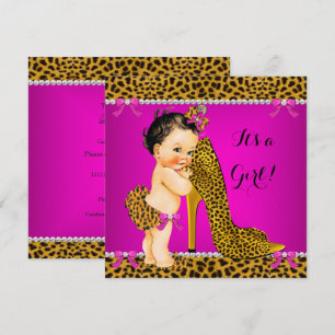 Baby Shower Mädchen Leopard High Heel Rosa Brünett Einladung