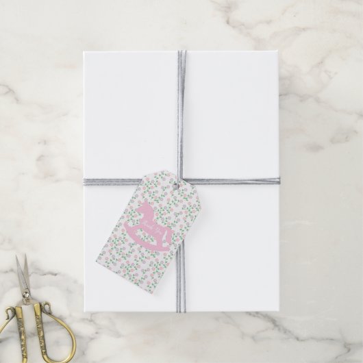 Baby Shower Mädchen mit rosa Schaukelpferd Geschenkanhänger (Mit Garn)