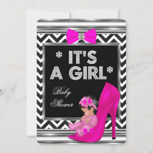 Baby Shower Mädchen Rosa Babyschuh Chevron Einladung