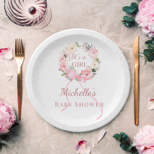 Baby Shower Mädchen rosa Blumenkranz Pappteller