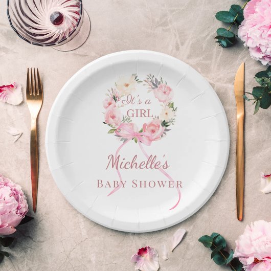 Baby Shower Mädchen rosa Blumenkranz Pappteller