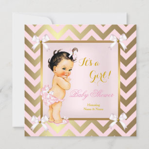 Baby Shower Mädchen Rosa Gold Chevron Brünette Einladung