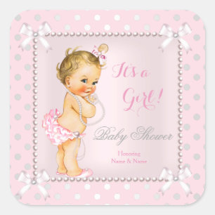 Baby Shower Mädchen Rosa Grau Perle Blond Quadratischer Aufkleber