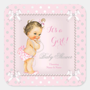 Baby Shower Mädchen Rosa Grau Perle Brünette Quadratischer Aufkleber