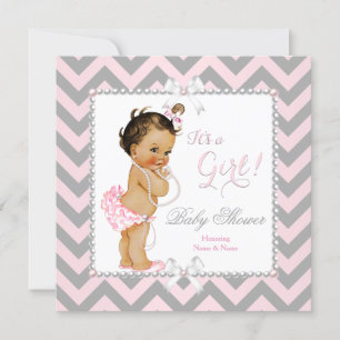 Baby Shower Mädchen Rosa Grau Streifen Weiß Brünet Einladung