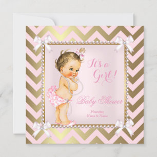 Baby Shower Mädchen Rosa Perle Gold Chevron Brünet Einladung