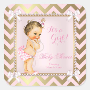 Baby Shower Mädchen Rosa Perle Gold Chevron Brünet Quadratischer Aufkleber