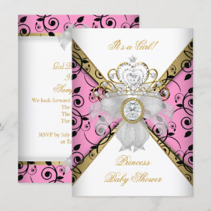 Baby Shower Mädchen Rosa Prinzessin Damast Schwarz Einladung