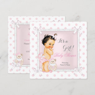 Baby Shower Mädchen Rosa Spielzeug Punkte Brünette Einladung