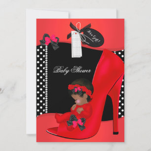Baby Shower Mädchen Rote Babyschuh Polka Dots 2B Einladung
