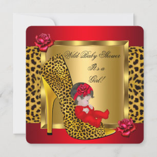 Baby Shower Mädchen Rote Rosen Gold Wilder Leopard Einladung