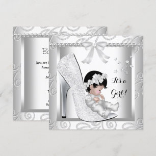 Baby Shower Mädchen Silber Grau Weiß Diamant Schuh Einladung