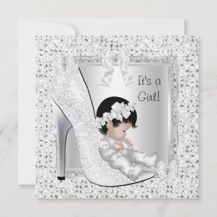 Baby Shower Mädchen Silber Weiß Glitter Schuh Einladung