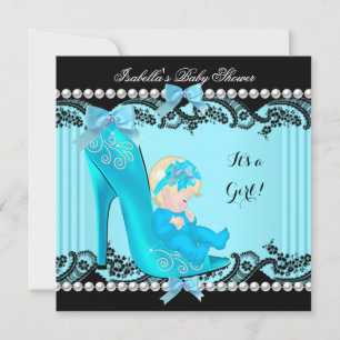 Baby Shower Mädchen Teal Blau Schuh Blond Einladung