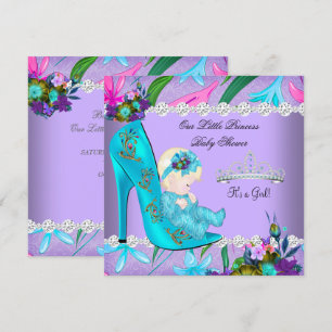 Baby Shower Mädchen Türkis Lila Blumen Schuh Blond Einladung