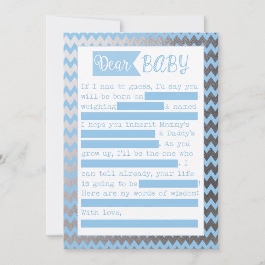 Baby Shower MadLibs Game, Blue and Silve Foil Look Einladung (Vorderseite)