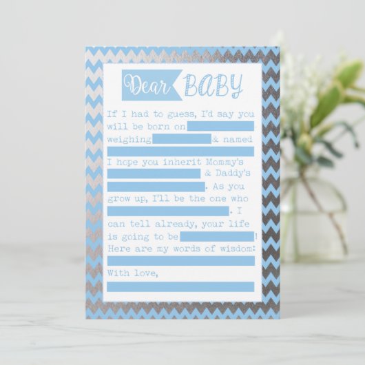 Baby Shower MadLibs Game, Blue and Silve Foil Look Einladung (Stehend Vorderseite)