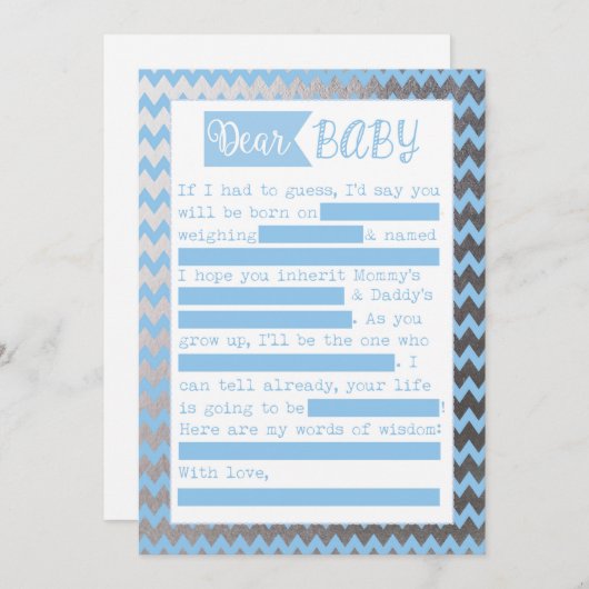 Baby Shower MadLibs Game, Blue and Silve Foil Look Einladung (Vorne/Hinten)