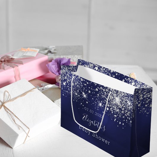 Baby Shower Marinefeld blauer Glitzer Monogram Jun Große Geschenktüte