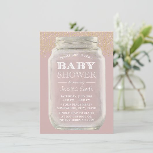 Baby Shower Mason Jar Gold Confetti Dusty Pink Einladung (Stehend Vorderseite)