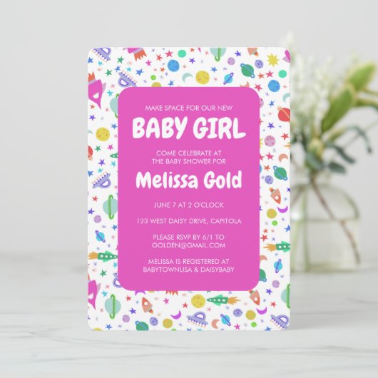 BABY SHOWER MIRL Niedlich Space Rockets Muster CUS Einladung (Stehend Vorderseite)