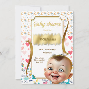 Baby Shower mit goldener Umrandung und Herzen zum Einladung