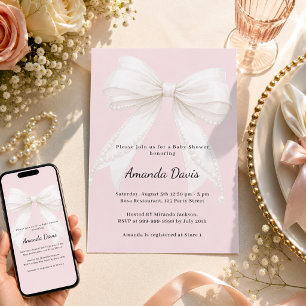 Baby-Shower mit rosa-elfenbeinfarbenem Schleifenmä Einladung