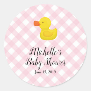 Baby Shower mit rosa Gingham-Gummientchen Runder Aufkleber