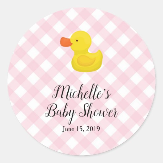 Baby Shower mit rosa Gingham-Gummientchen Runder Aufkleber (Vorderseite)