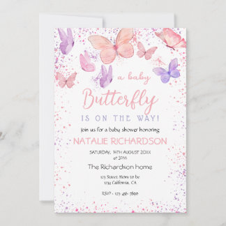 Baby Shower mit rosa-lila Schmetterling Einladung