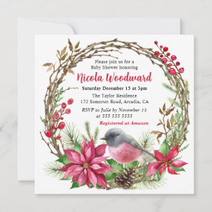 Baby Shower mit rosa Robin und rotem Weihnachtsste Einladung