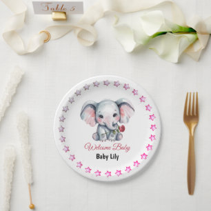 Baby-Shower mit rosa Wasserfarb-Elefanten Pappteller