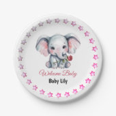 Baby-Shower mit rosa Wasserfarb-Elefanten Pappteller (Vorderseite)