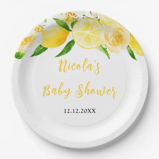 Baby Shower mit Zitronen und Laub Pappteller (Vorderseite)