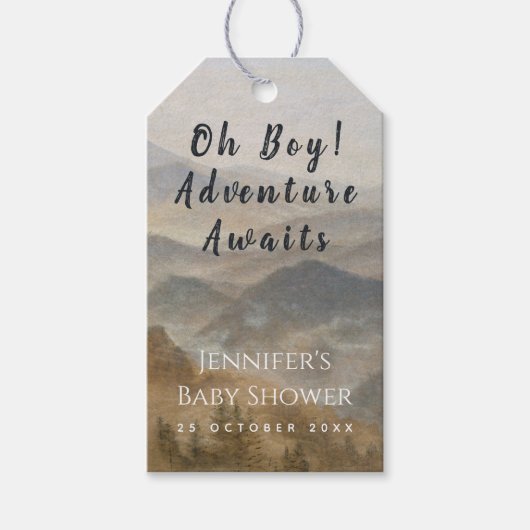 Baby Shower Mountains Oh Boy Adventure erwartet Geschenkanhänger (Vorderseite)