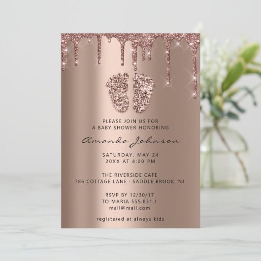 Baby Shower Niedlich Feet Rose Gold Tropfens Boy G Einladung (Stehend Vorderseite)